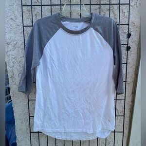 Danskin NOW womens raglan 3/4 sleeve white and gray tshirt size large